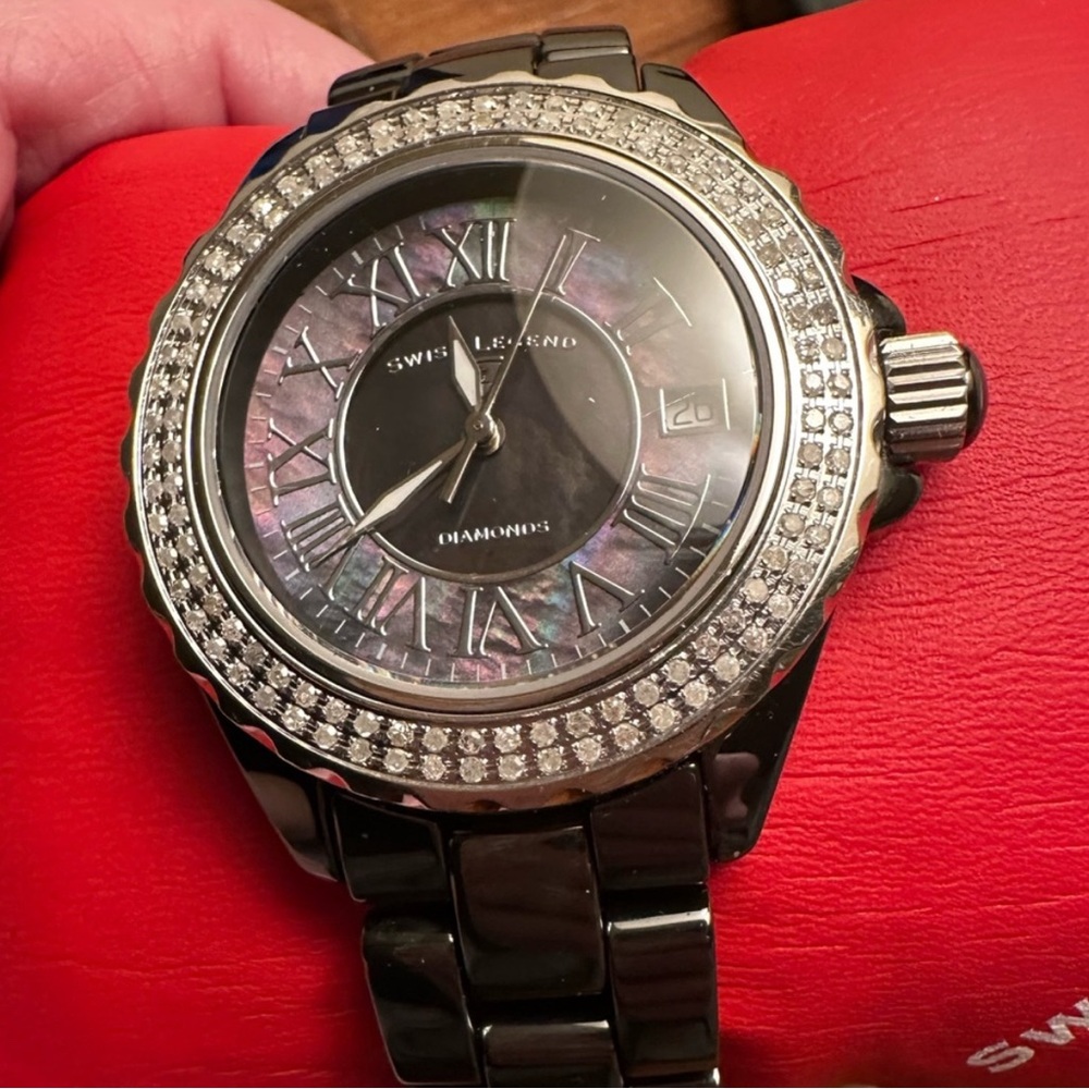 Swiss Legend Diamond Bezel Stainless Steel Ceramic Mother of Pearl Watch | NEW